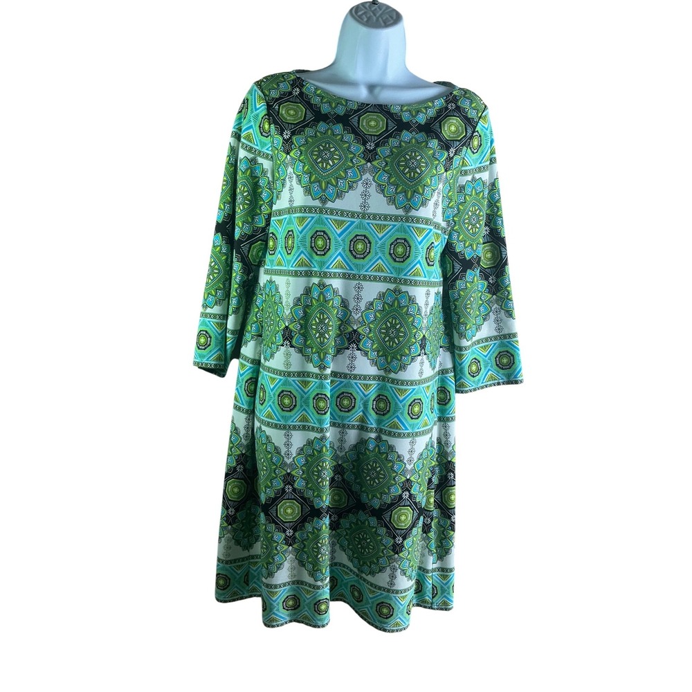 London Times Womens Geometric Floral MedallionPrint Shift Dress Green Teal Sz 10